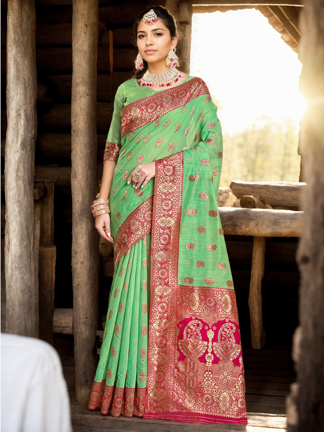 

Anouk Lime Green & Red Woven Design Zari Saree