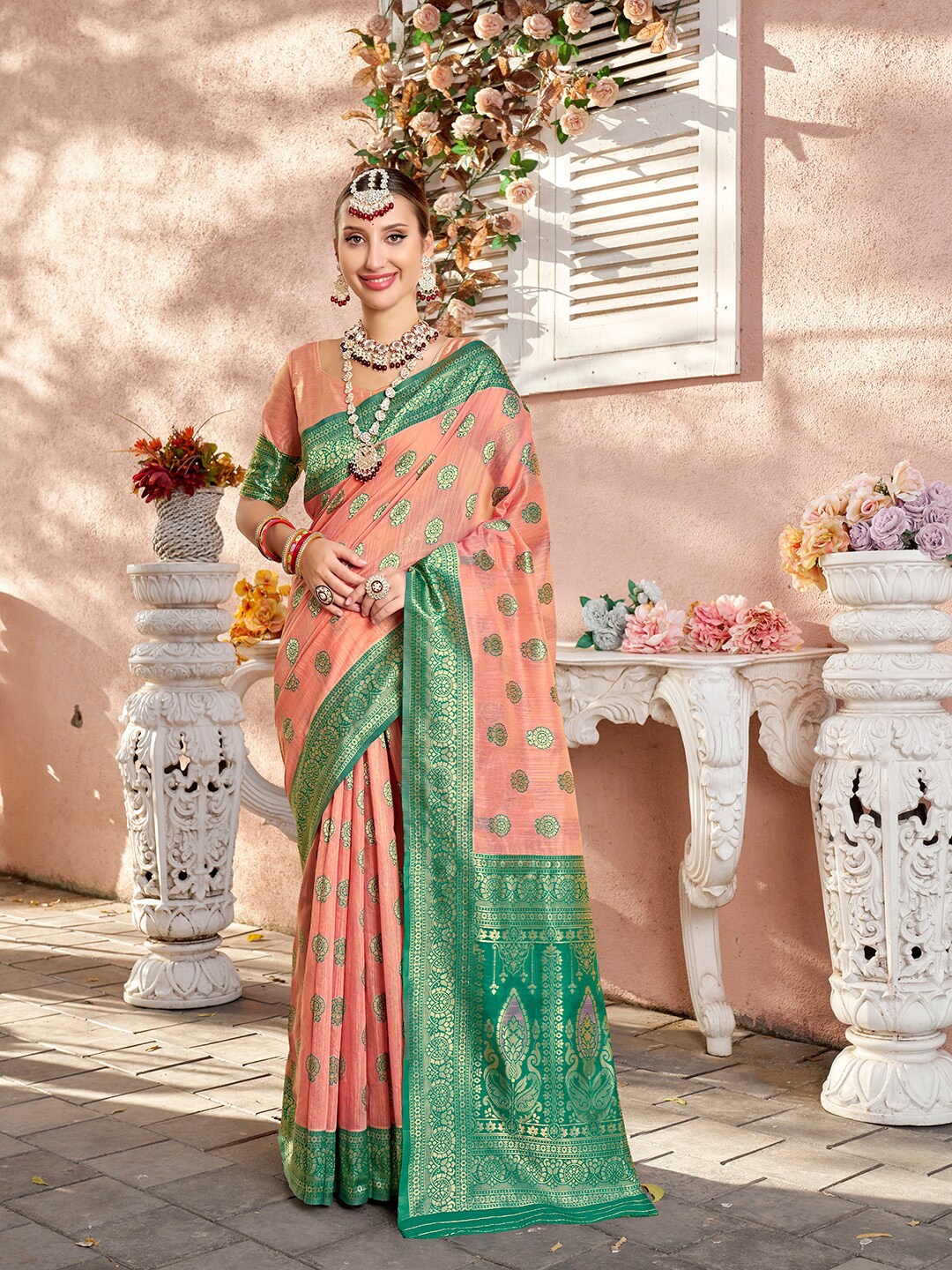 

Anouk Orange & Green Woven Design Zari Saree