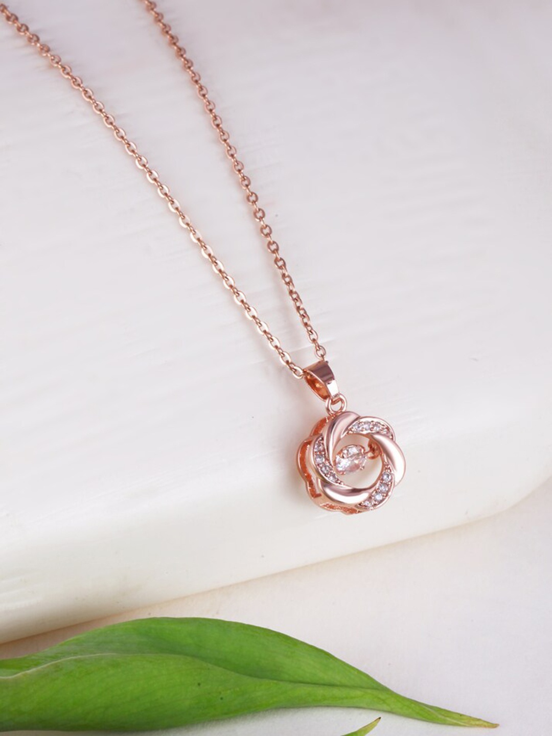 

MEENAZ Stainless Steel Rose Gold Plated American Diamond Studded Chains Pendant