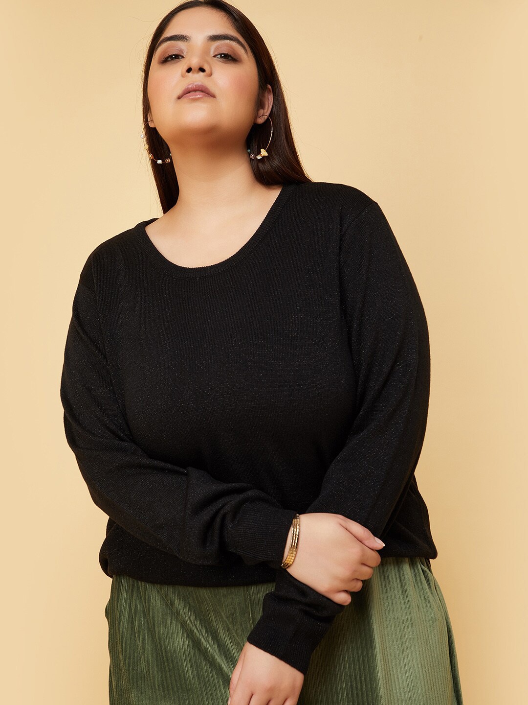 

max Plus Size Round Neck Acrylic Pullover Sweater, Black