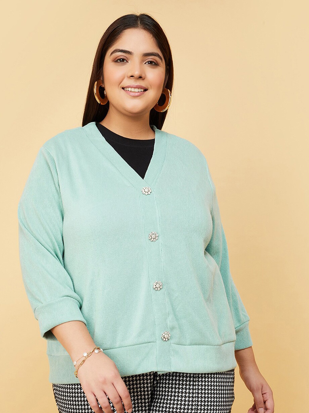 

max Plus Size V-Neck Acrylic Cardigan Sweater, Sea green