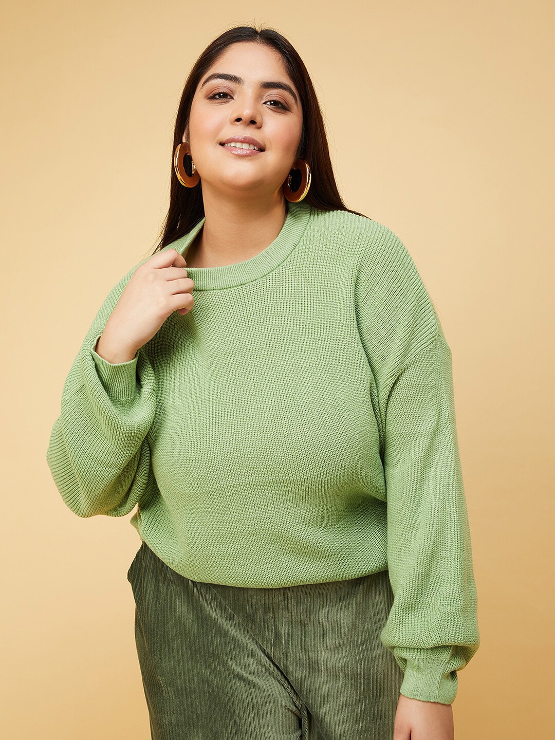 

max Plus Size Round Neck Acrylic Pullover Sweater, Green