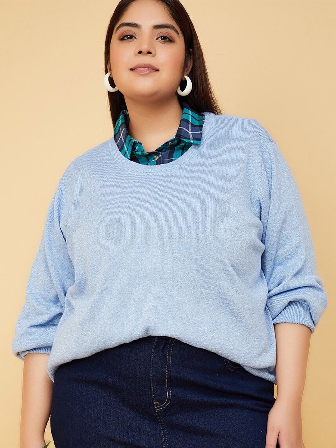 

max Plus Size Round Neck Acrylic Pullover Sweater, Blue