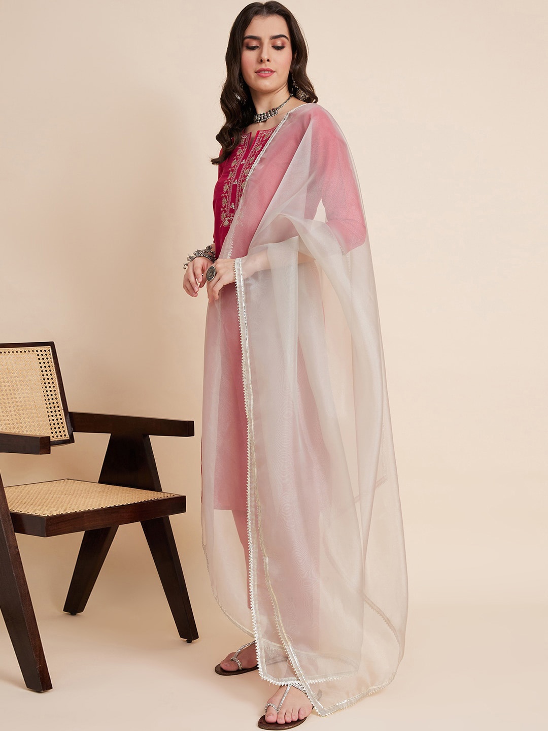 

Sangria Ethnic Motifs Yoke Designed Straight Kurta With Trouser & Dupatta, Pink