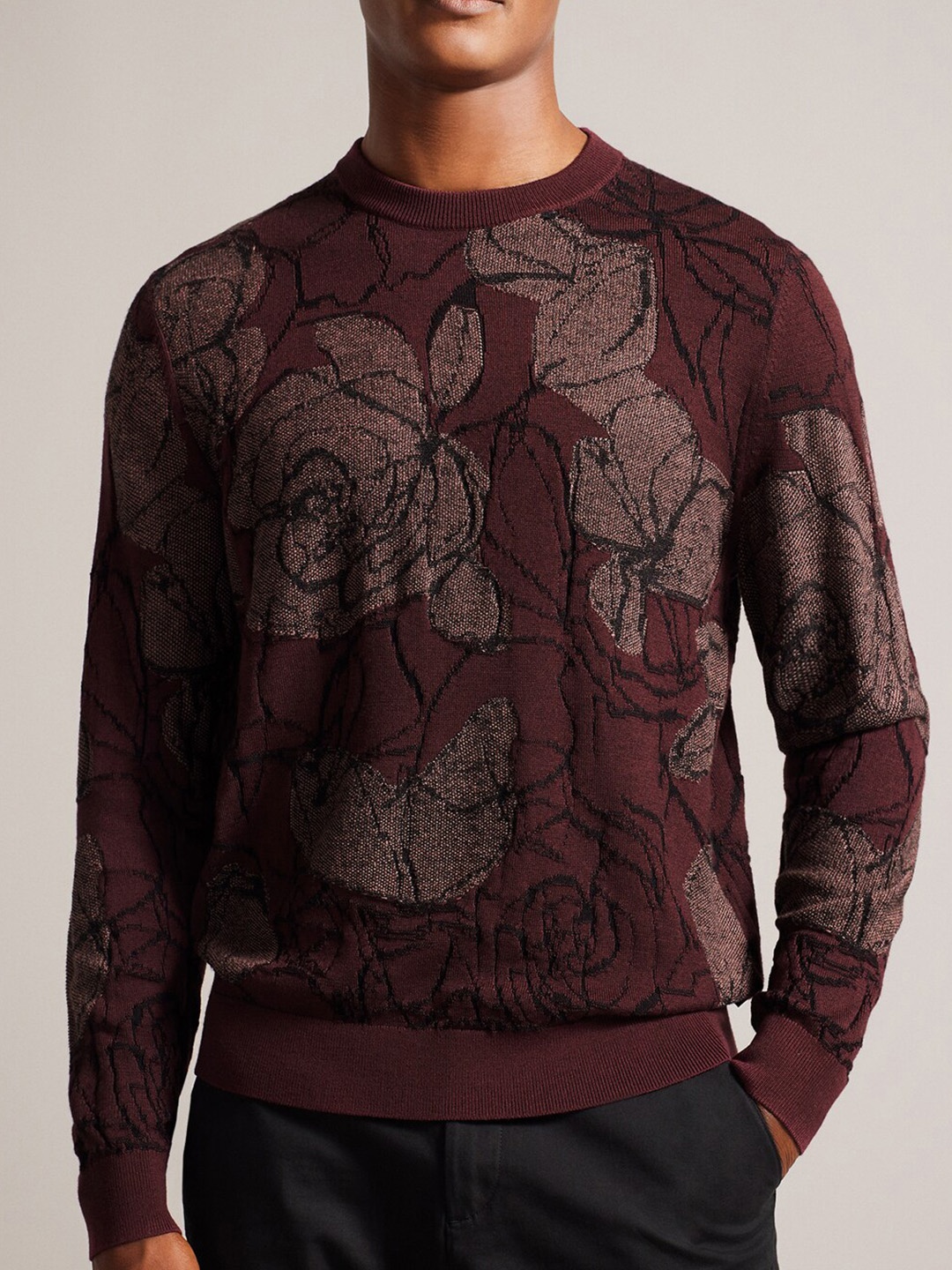 

Ted Baker Floral Printed Round Neck Long Sleeves Pullover Sweaters, Maroon