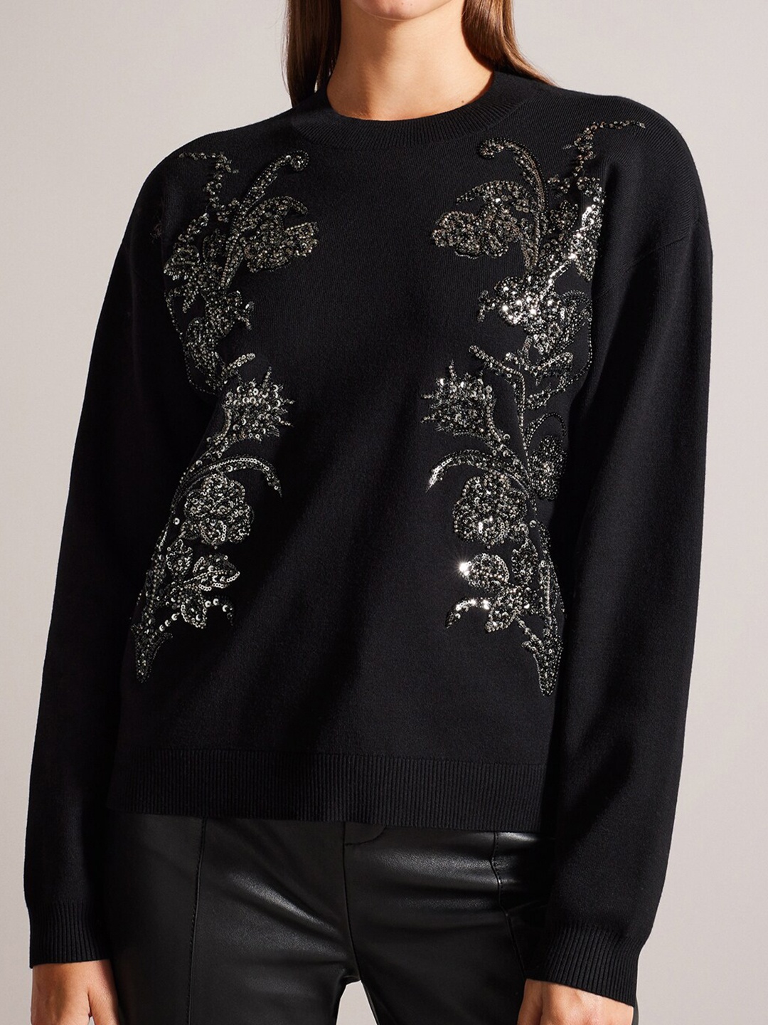 

Ted Baker Embroidered Round Neck Long Sleeves Embellished Pullover Sweaters, Black