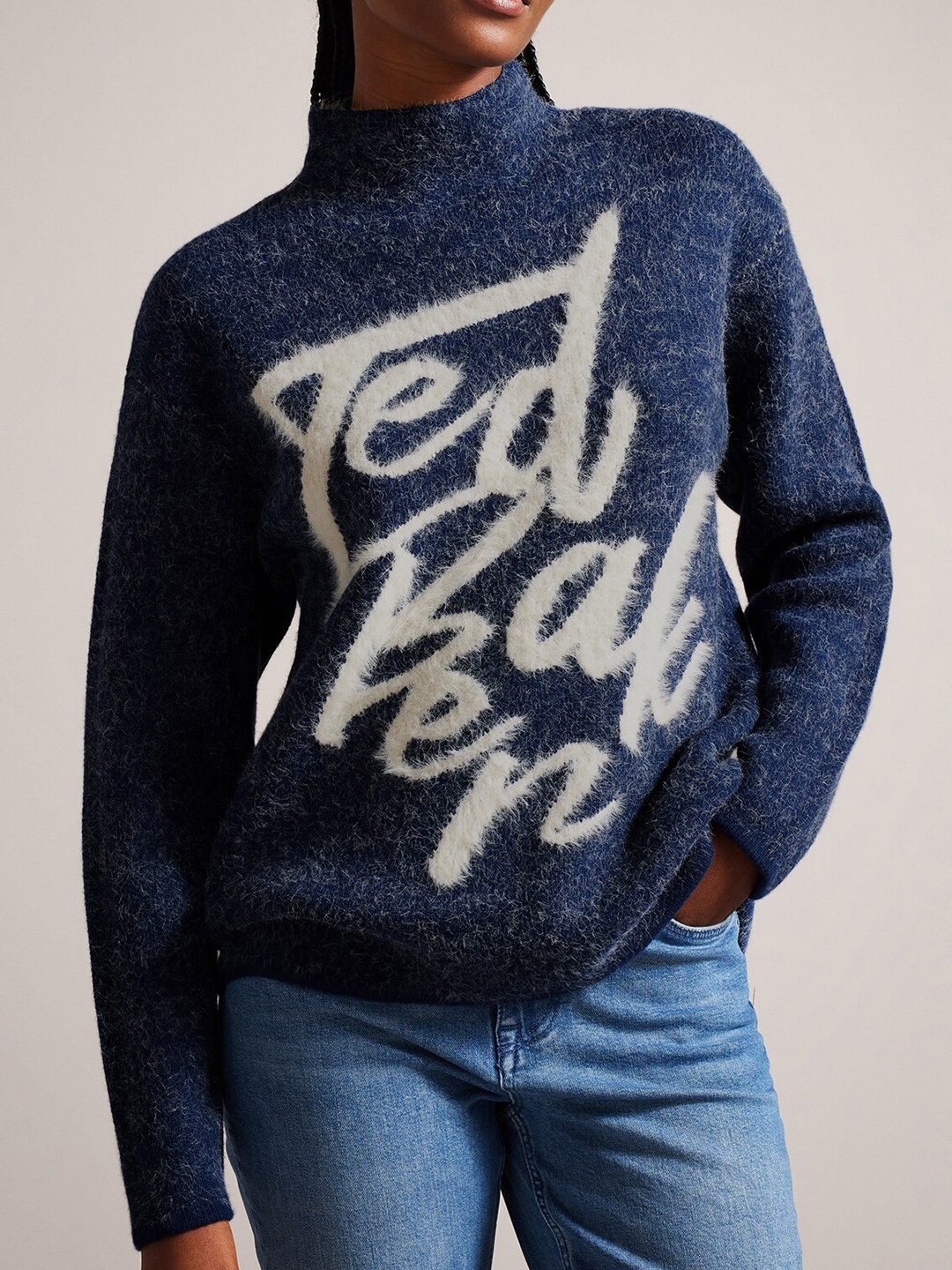 

Ted Baker Typography Printed Pullover Sweater With Fuzzy Detail, Blue