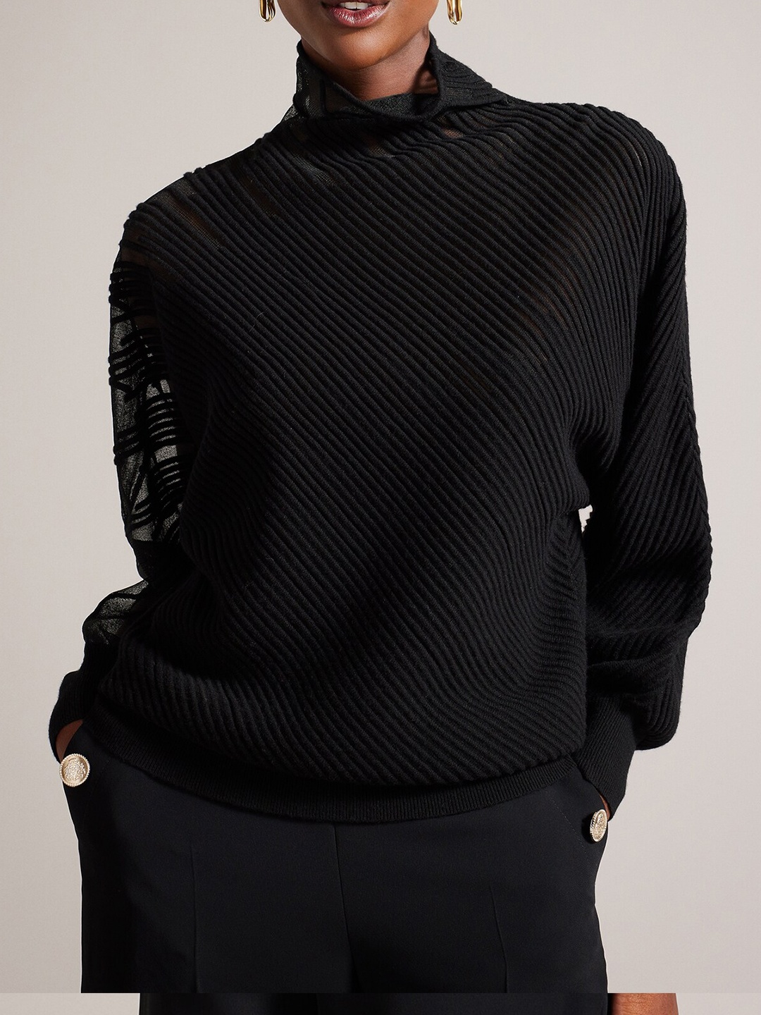 

Ted Baker Cable Knit Mock Collar Long Sleeves Pullover Sweaters, Black