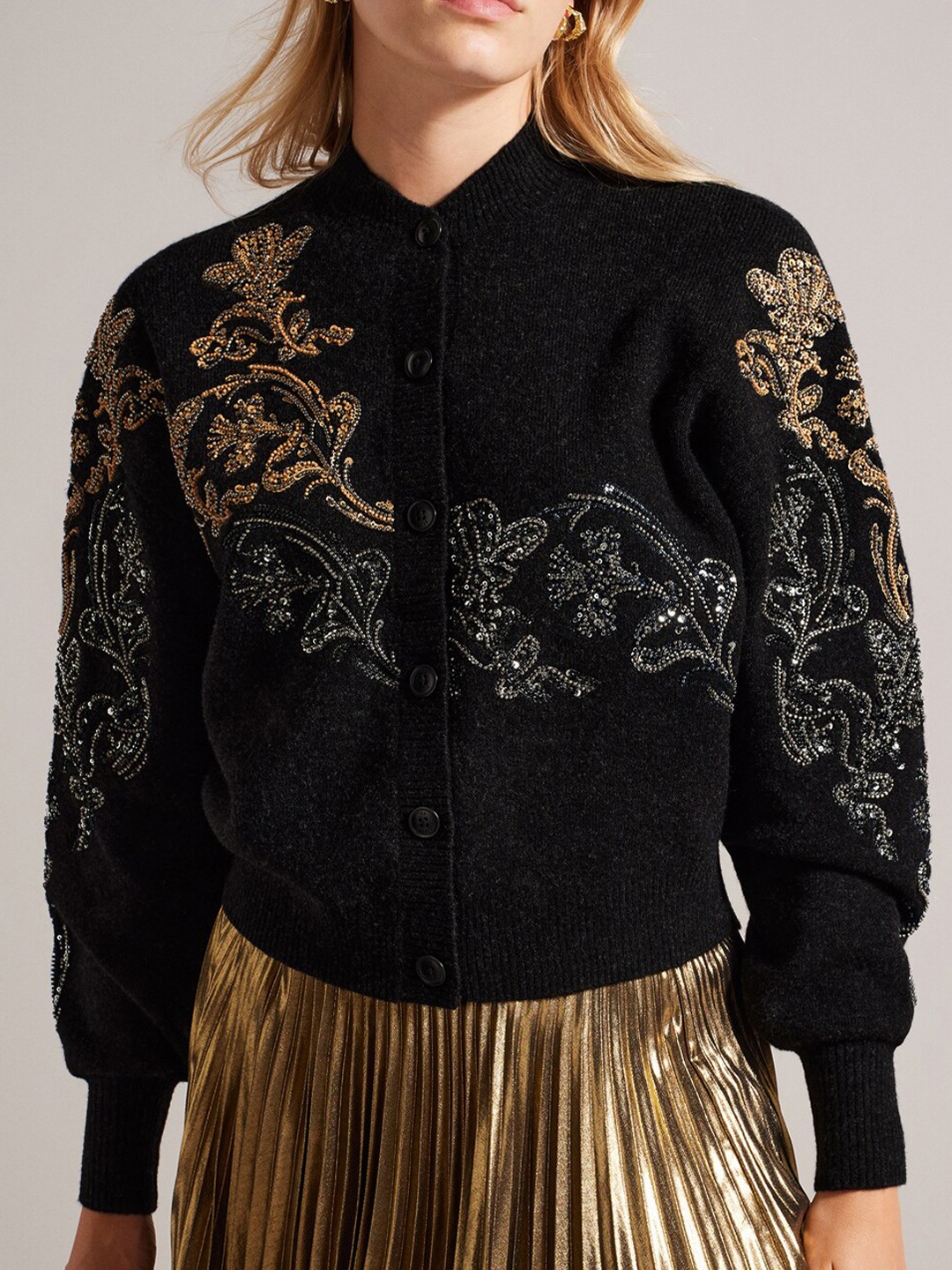 

Ted Baker Embroidered Round Neck Long Sleeves Embellished Cardigan Sweaters, Grey