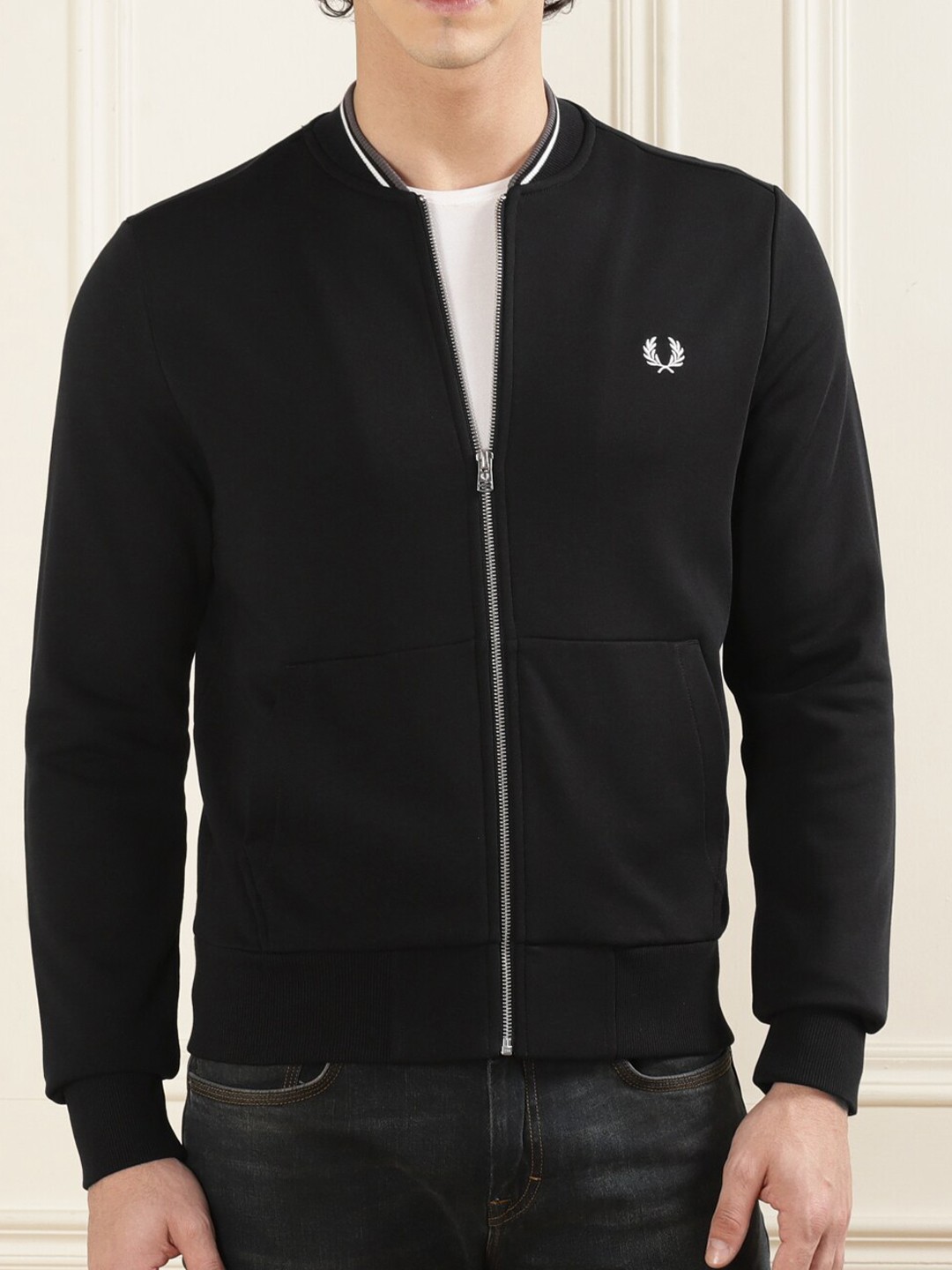 

Fred Perry Stand Collar Pure Cotton Front-Open Sweatshirt, Black