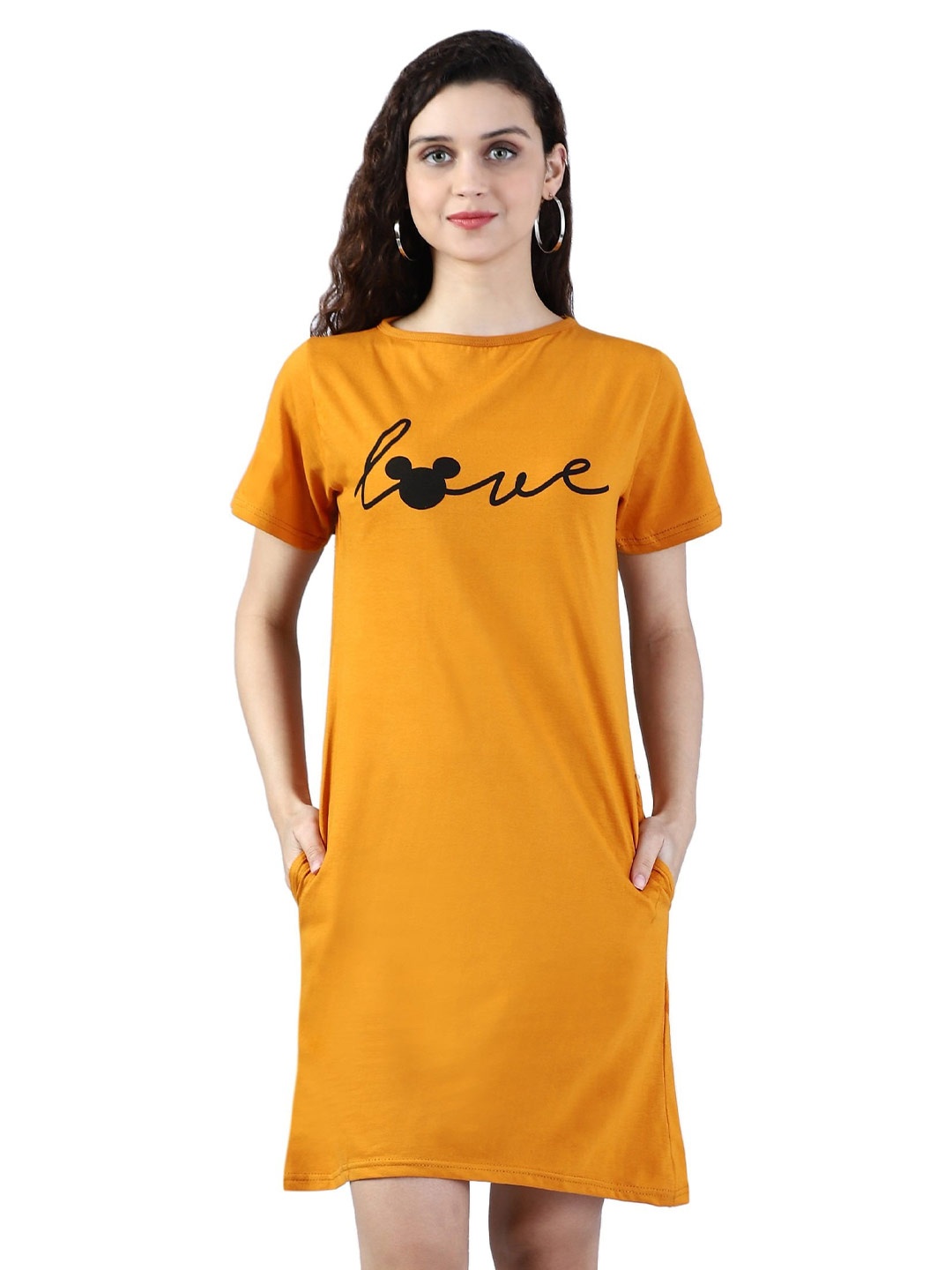 

BROADSTAR Typography Printed Boat Neck Pure Cotton T-Shirt Dress, Mustard
