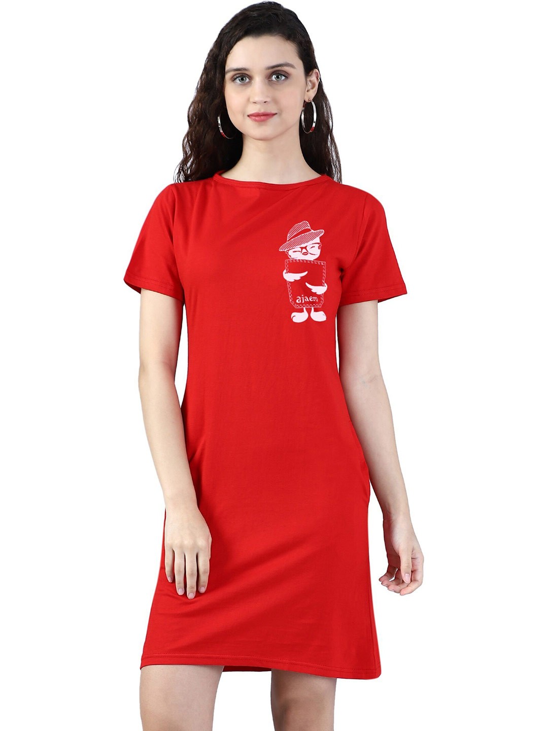 

BROADSTAR Graphic Printed Boat Neck Pure Cotton T-shirt Dress, Red