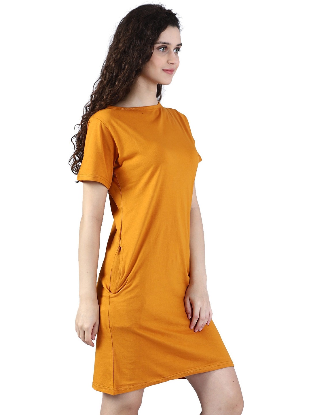 

BROADSTAR Boat Neck Pure Cotton T-shirt Dress, Mustard