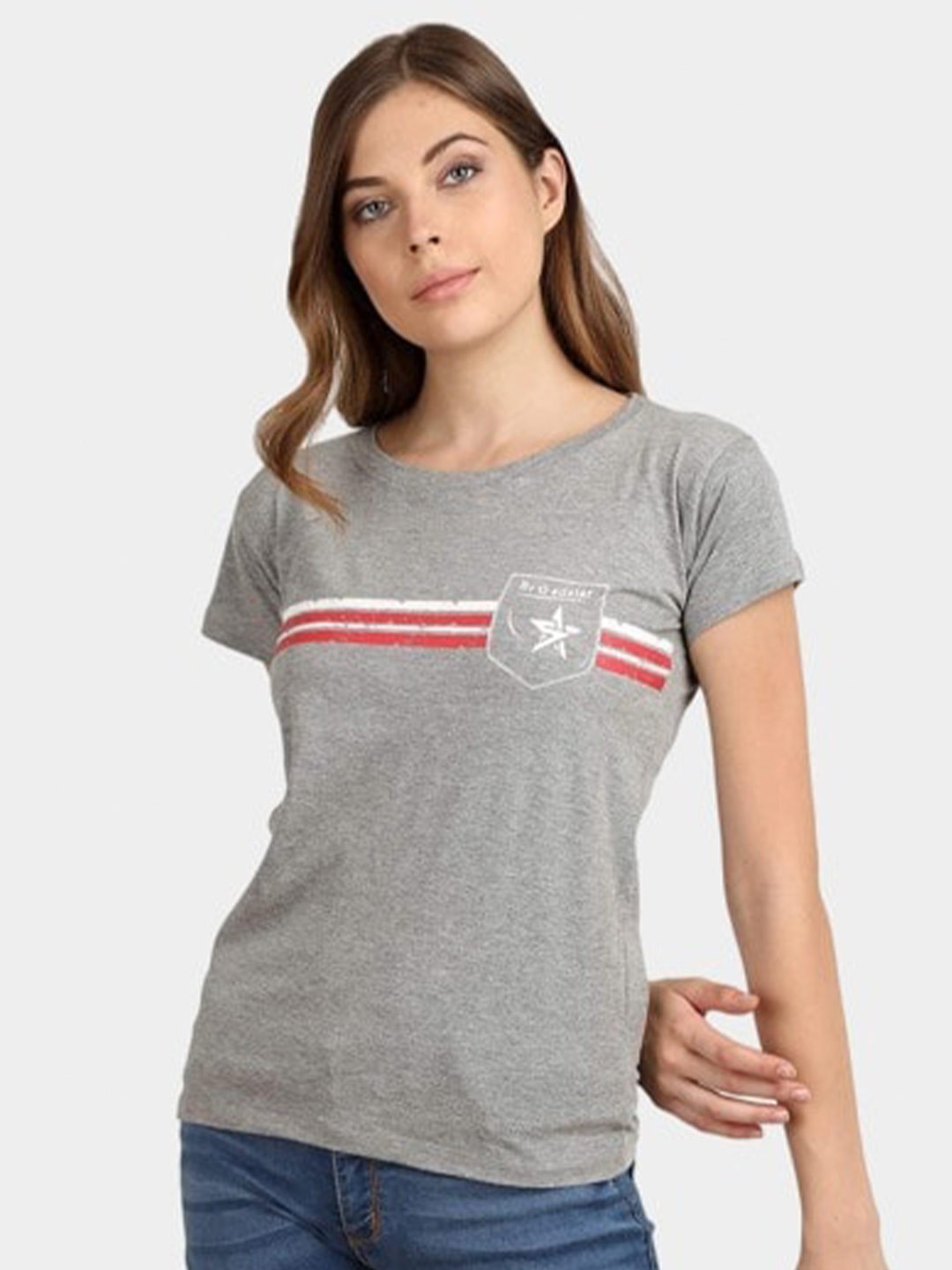 

BROADSTAR Graphic Printed Round Neck Pockets Pure Cotton T-shirt, Grey