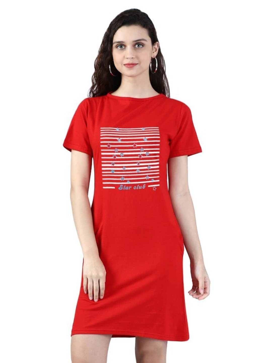 

BROADSTAR Graphic Printed Regular Fit Pure Cotton Casual T-shirt Dress, Red