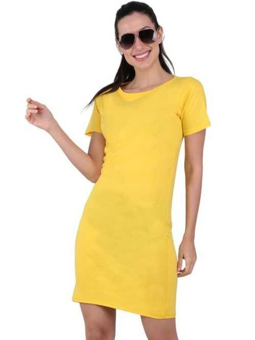 

BROADSTAR Solid Regular Fit Pure Cotton Casual T-shirt Dress, Yellow