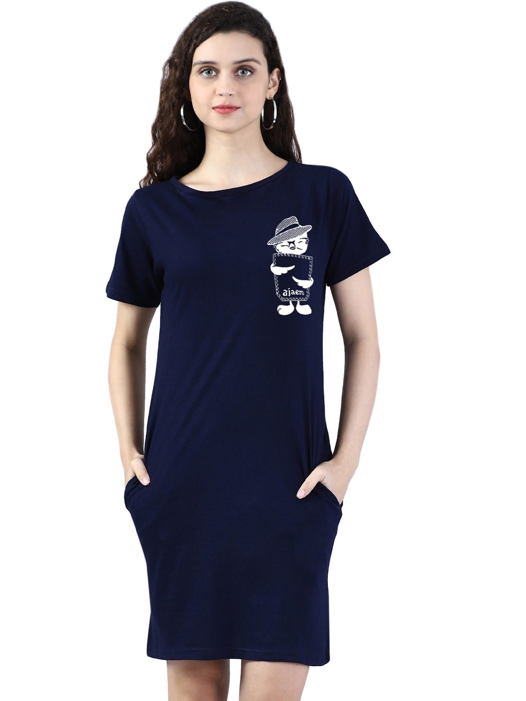 

BROADSTAR Graphic Printed Round Neck Short Sleeves Cotton T-shirt Dresses, Navy blue