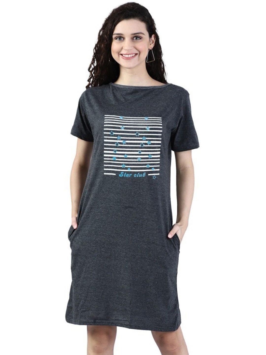 

BROADSTAR Striped Round Neck Short Sleeves Cotton T-shirt Dresses, Grey