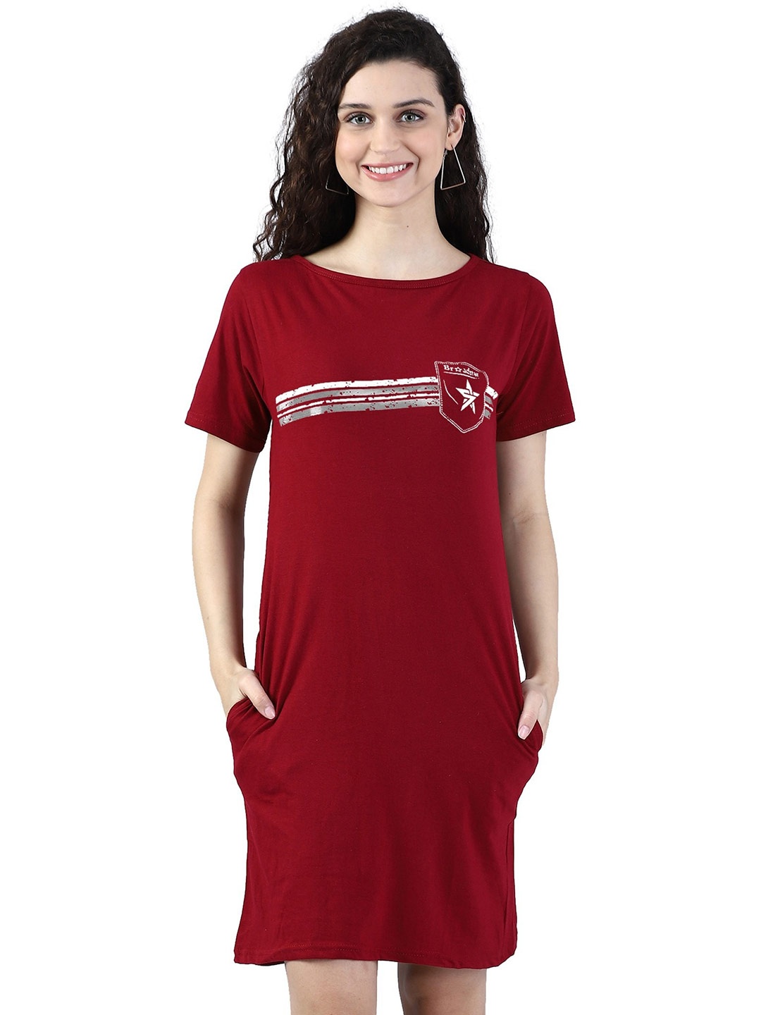 

BROADSTAR Striped Round Neck Short Sleeves Cotton T-shirt Dresses, Maroon