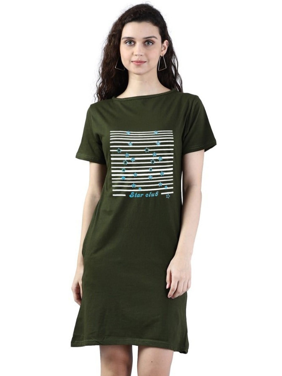 

BROADSTAR Striped Round Neck Short Sleeves Cotton T-shirt Dresses, Olive