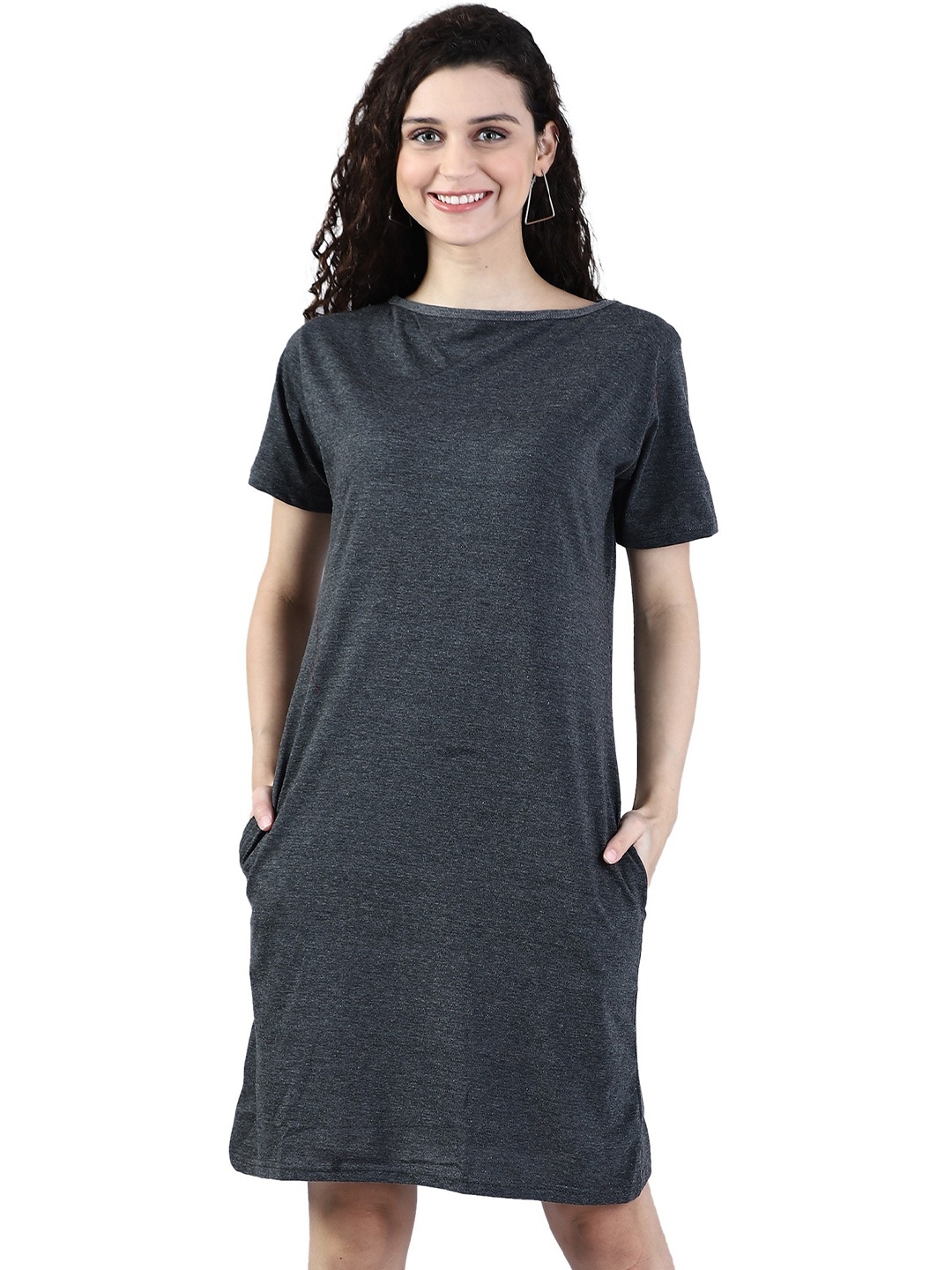 

BROADSTAR Round Neck Pure Cotton Long T-shirt, Grey