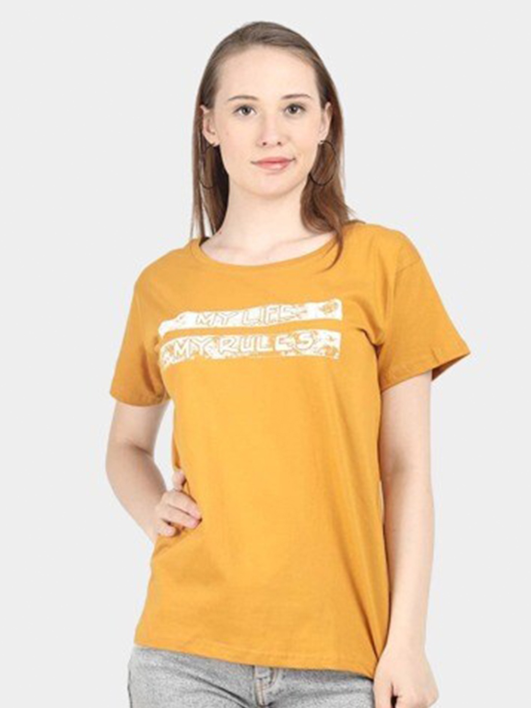 

Next One Typography Printed Drop-Shoulder Sleeves Pure Cotton T-shirt, Mustard