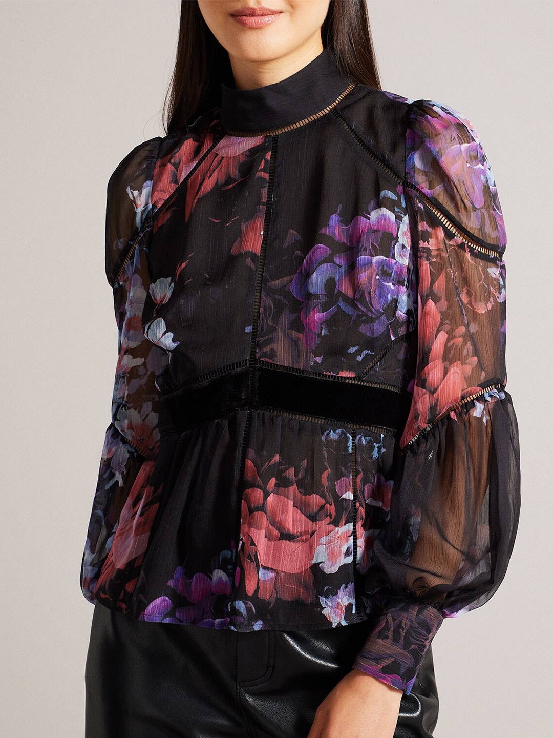 

Ted Baker Floral Printed High Neck Puff Sleeve Regular Top, Black