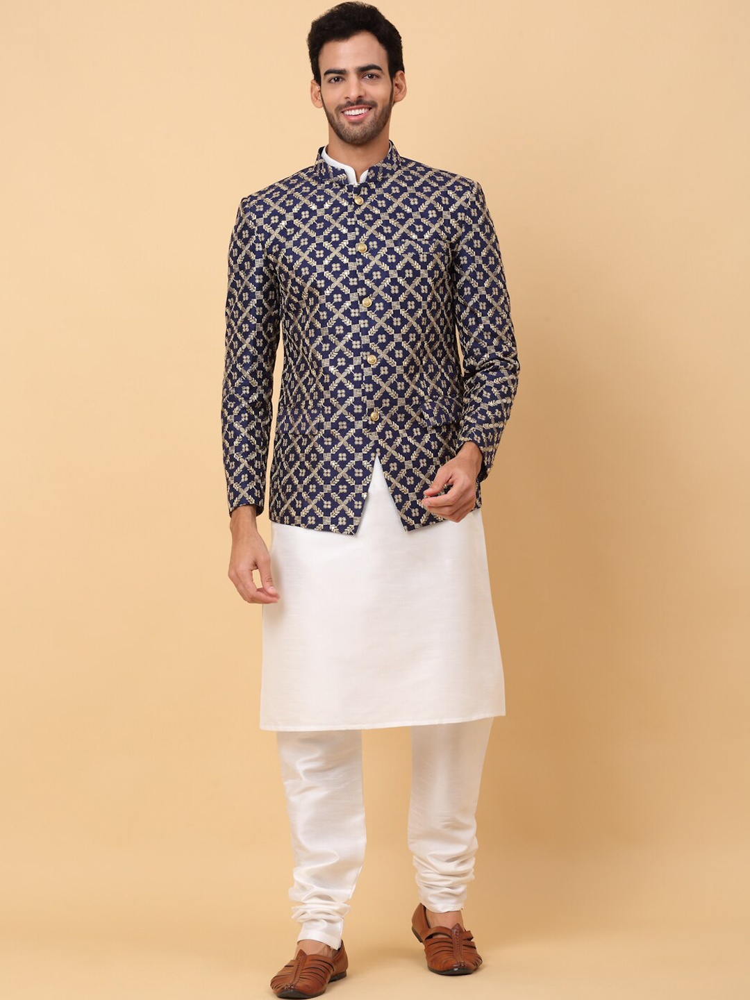 

KRAFT INDIA Mandarin Collar Regular Kurta with Churidar And Nehru Jacket, Cream