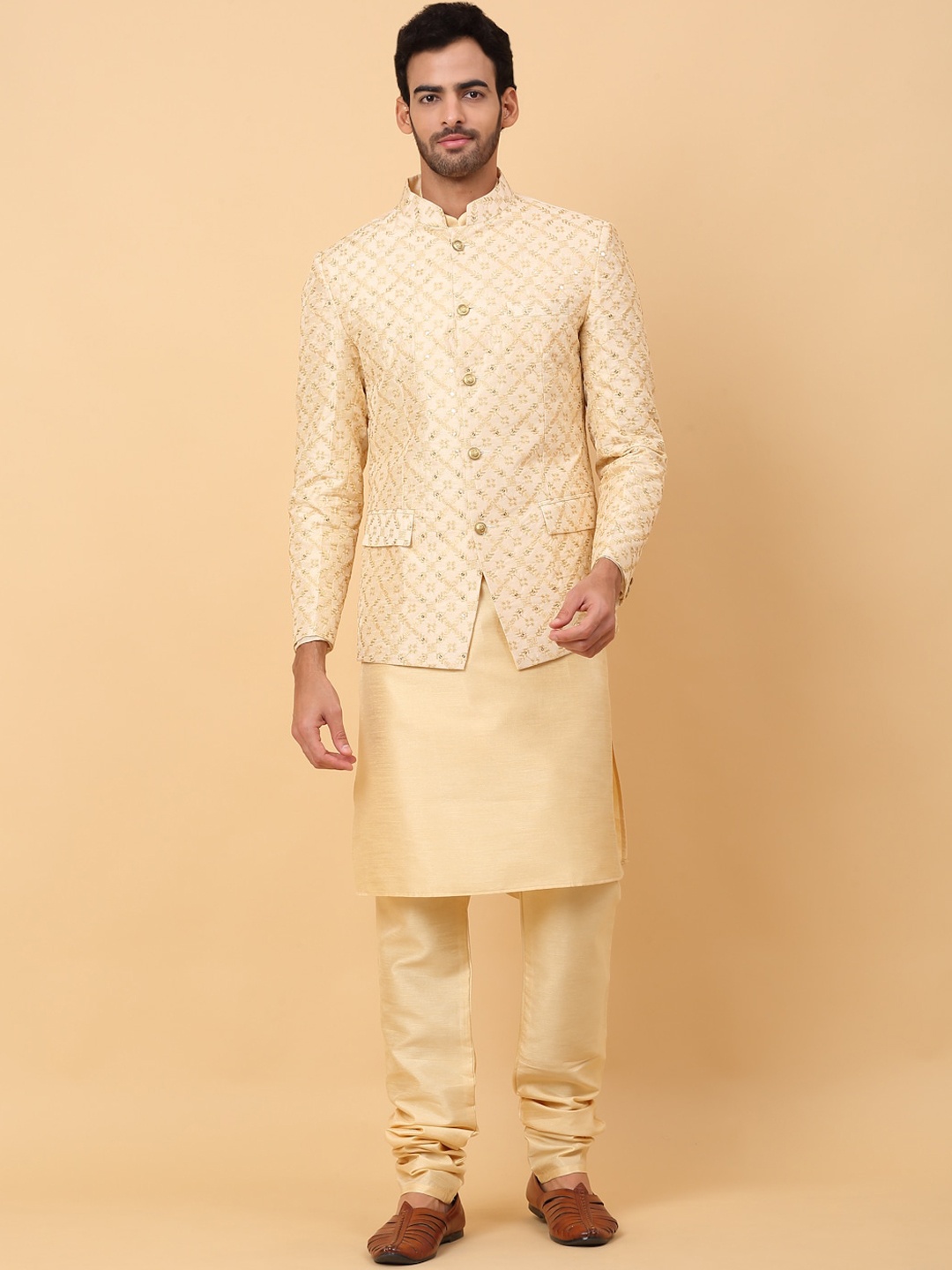 

KRAFT INDIA Mandarin Collar Regular Kurta with Churidar And Jacket, Beige