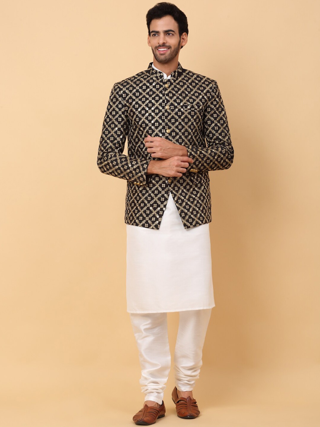

KRAFT INDIA Mandarin Collar Regular Kurta with Churidar And Jacket, Cream