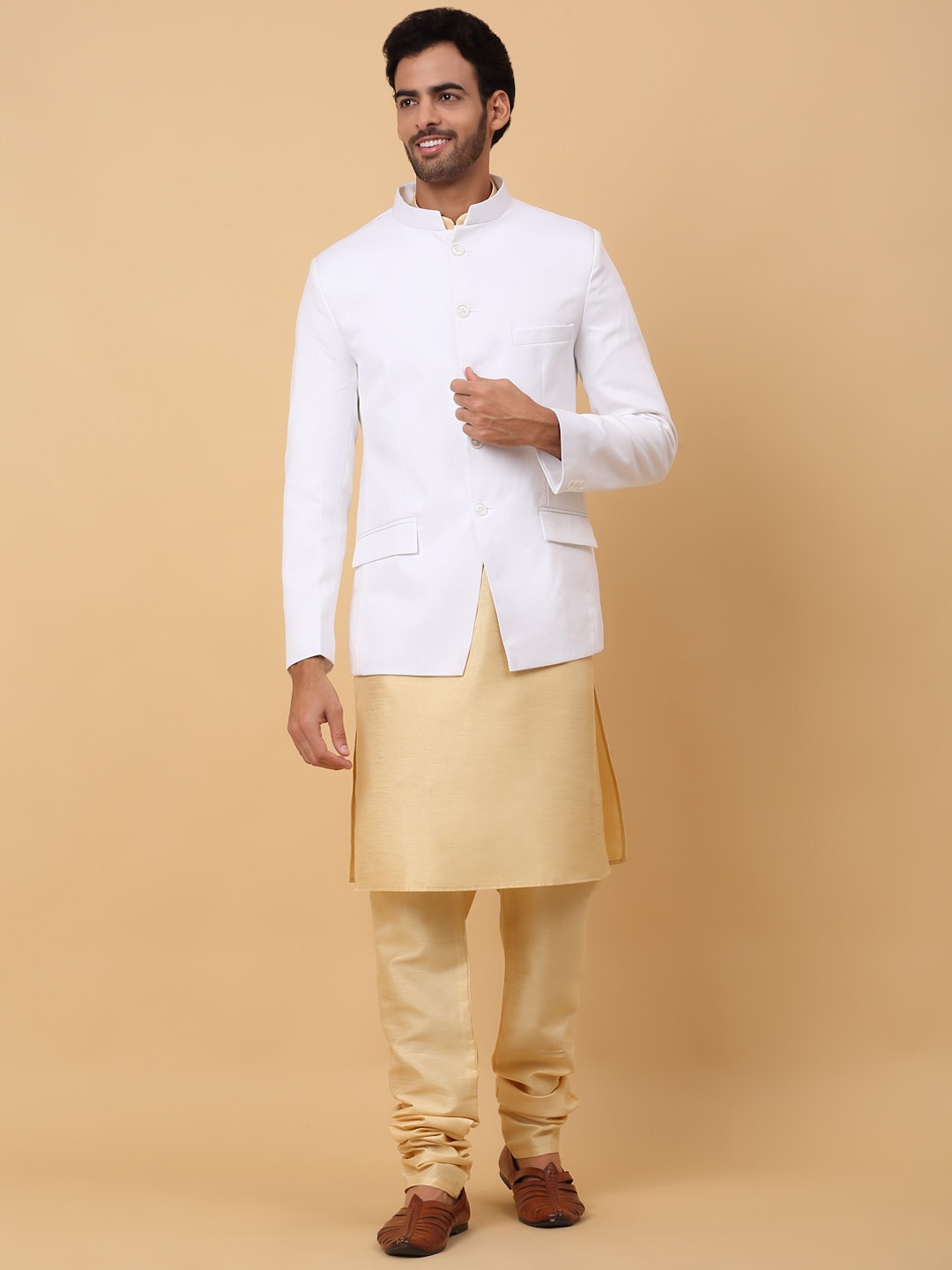 

KRAFT INDIA Mandarin Collar Straight Kurta & Churidar With Jacket, Beige