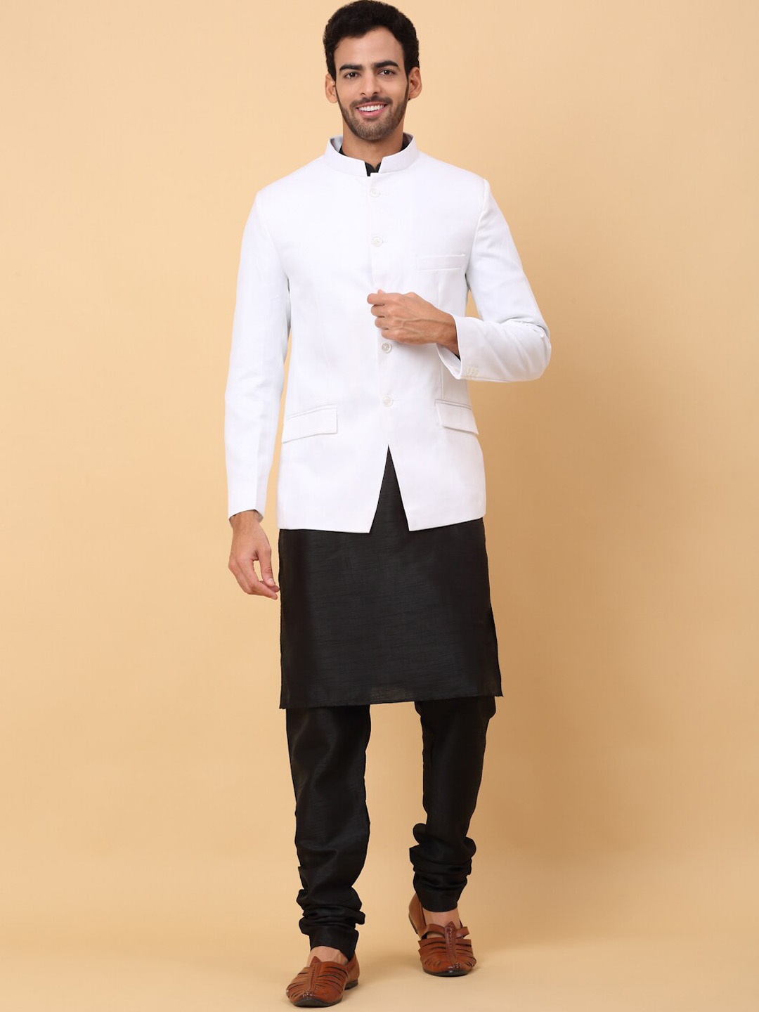 

KRAFT INDIA Mandarin Collar Straight Kurta & Churidar With Jacket, Black