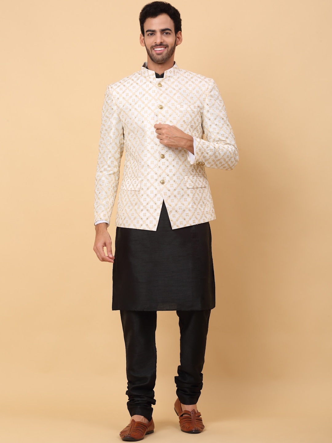 

KRAFT INDIA Mandarin Collar Straight Kurta & Churidar With Jacket, Black