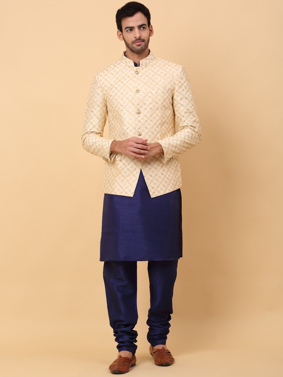 

KRAFT INDIA Mandarin Collar Straight Kurta & Churidar With Jacket, Navy blue