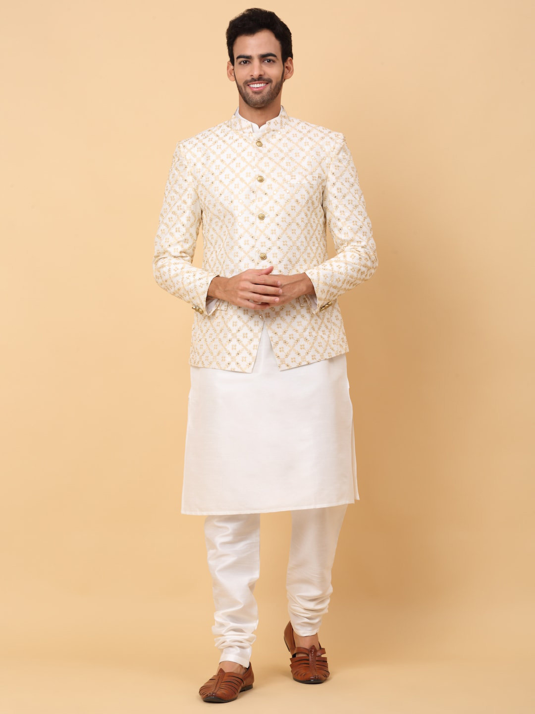

KRAFT INDIA Mandarin Collar Straight Kurta & Churidar With Jacket, White