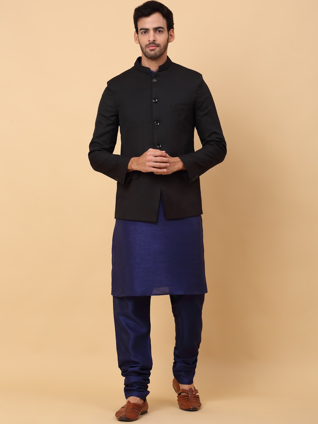 

KRAFT INDIA Mandarin Collar Straight Kurta & Churidar With Jacket, Navy blue