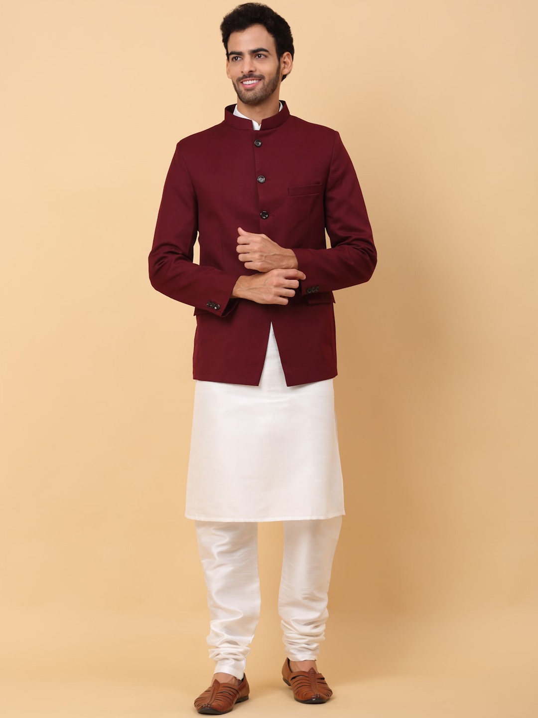 

KRAFT INDIA Mandarin Collar Straight Kurta & Churidar With Jacket, White