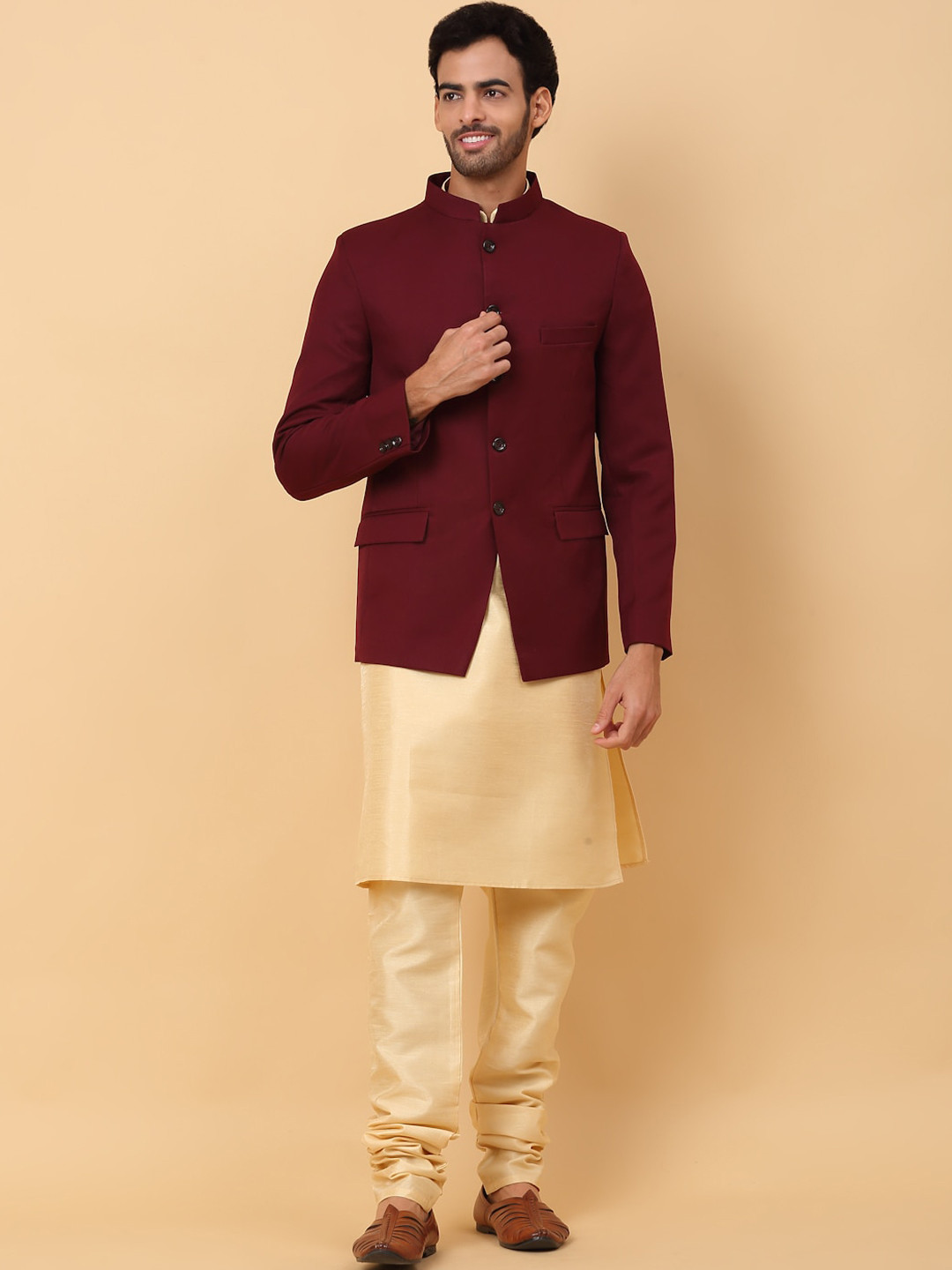 

KRAFT INDIA Mandarin Collar Straight Kurta & Churidar With Jacket, Beige