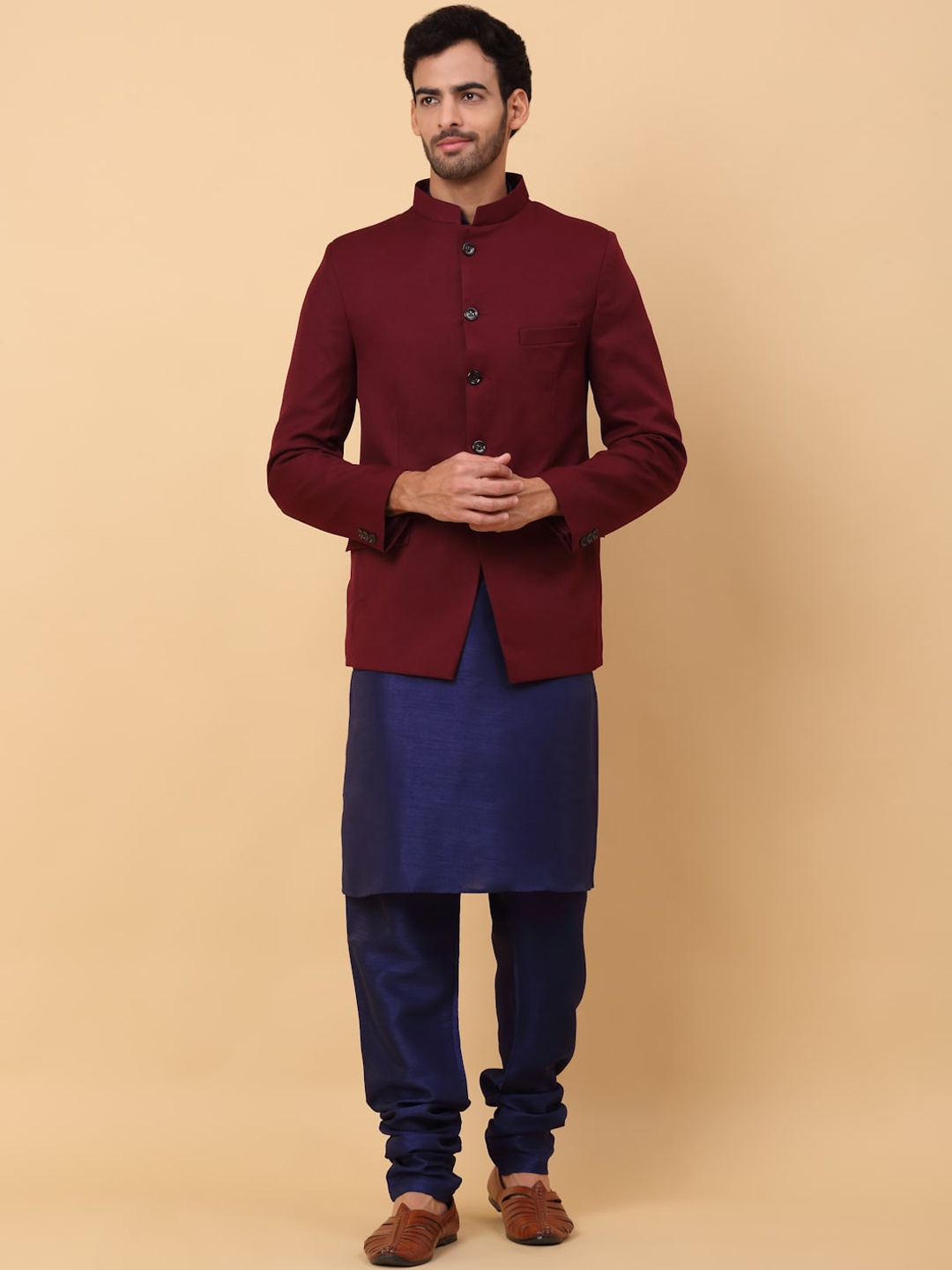 

KRAFT INDIA Mandarin Collar Straight Kurta & Churidar With Jacket, Navy blue