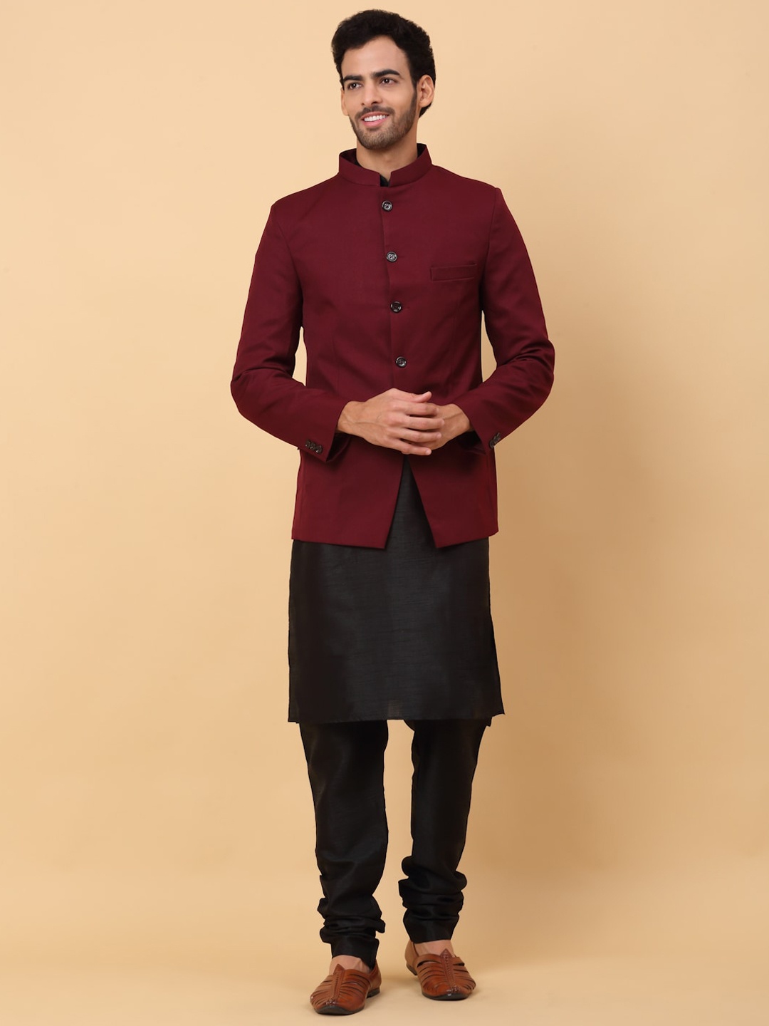 

KRAFT INDIA Mandarin Collar Straight Kurta & Churidar With Jacket, Black