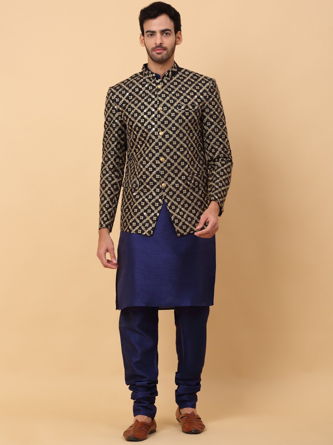 

KRAFT INDIA Mandarin Collar Straight Kurta & Churidar With Jacket, Navy blue
