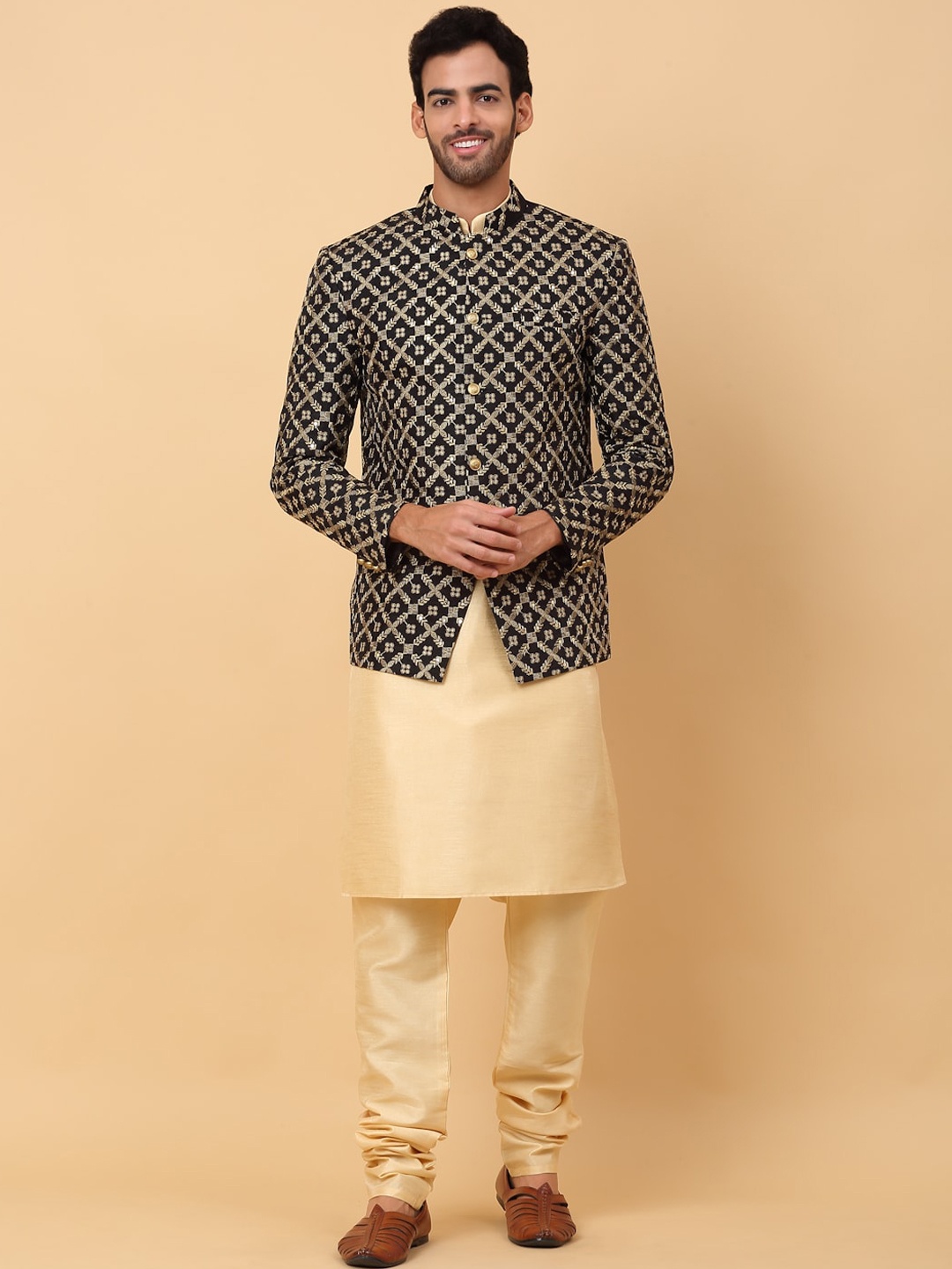 

KRAFT INDIA Mandarin Collar Straight Kurta & Churidar With Jacket, Beige