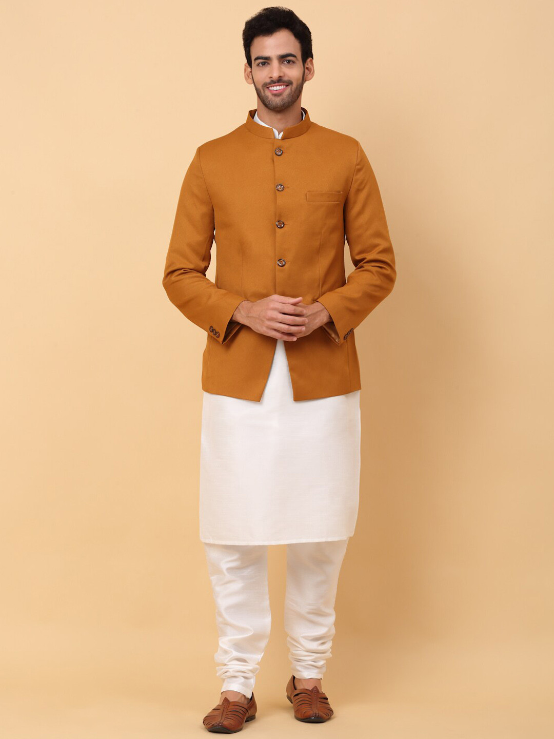 

KRAFT INDIA Mandarin Collar Straight Kurta & Churidar With Jacket, White