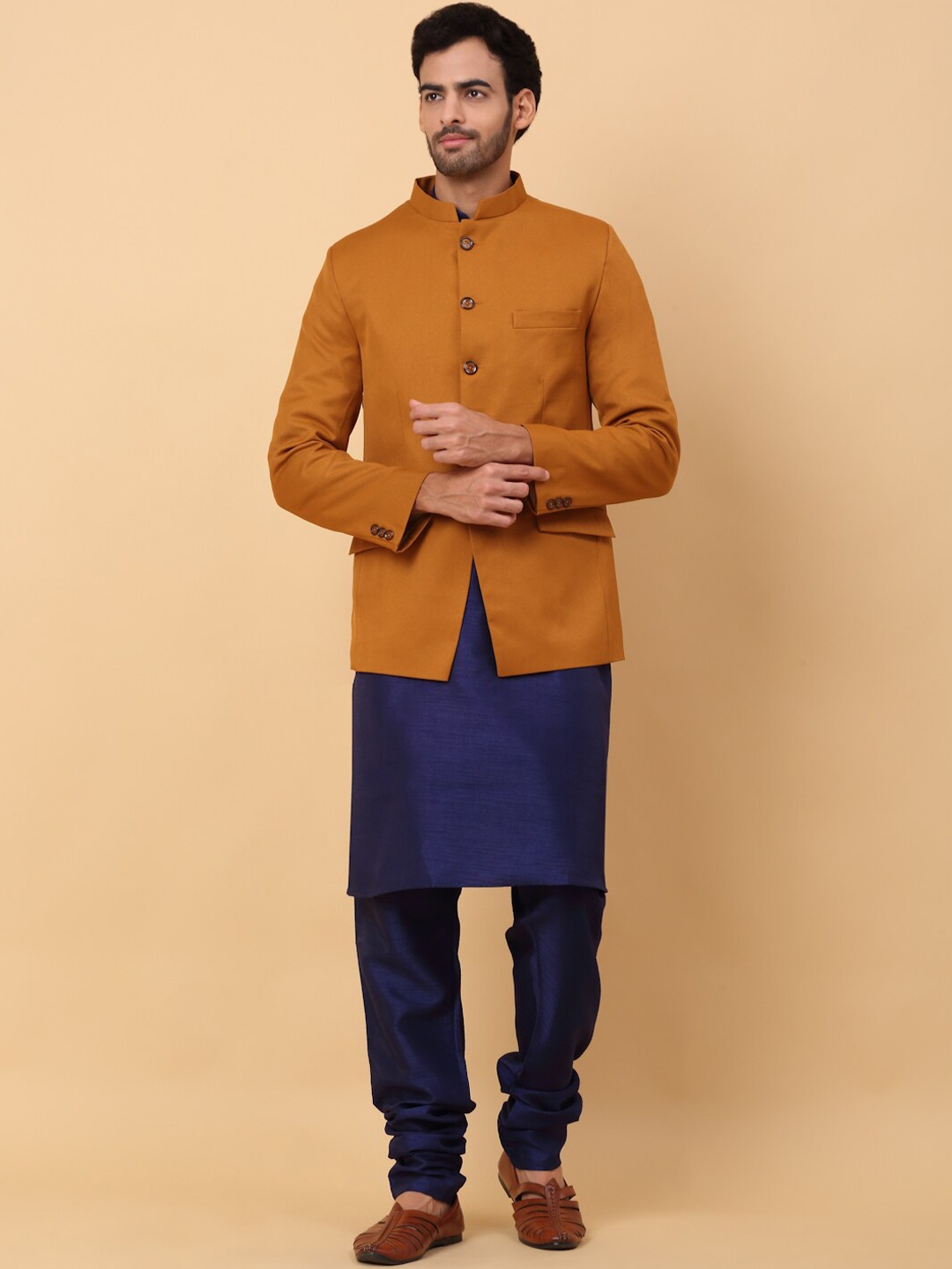 

KRAFT INDIA Mandarin Collar Kurta With Churidar & Jacket, Navy blue