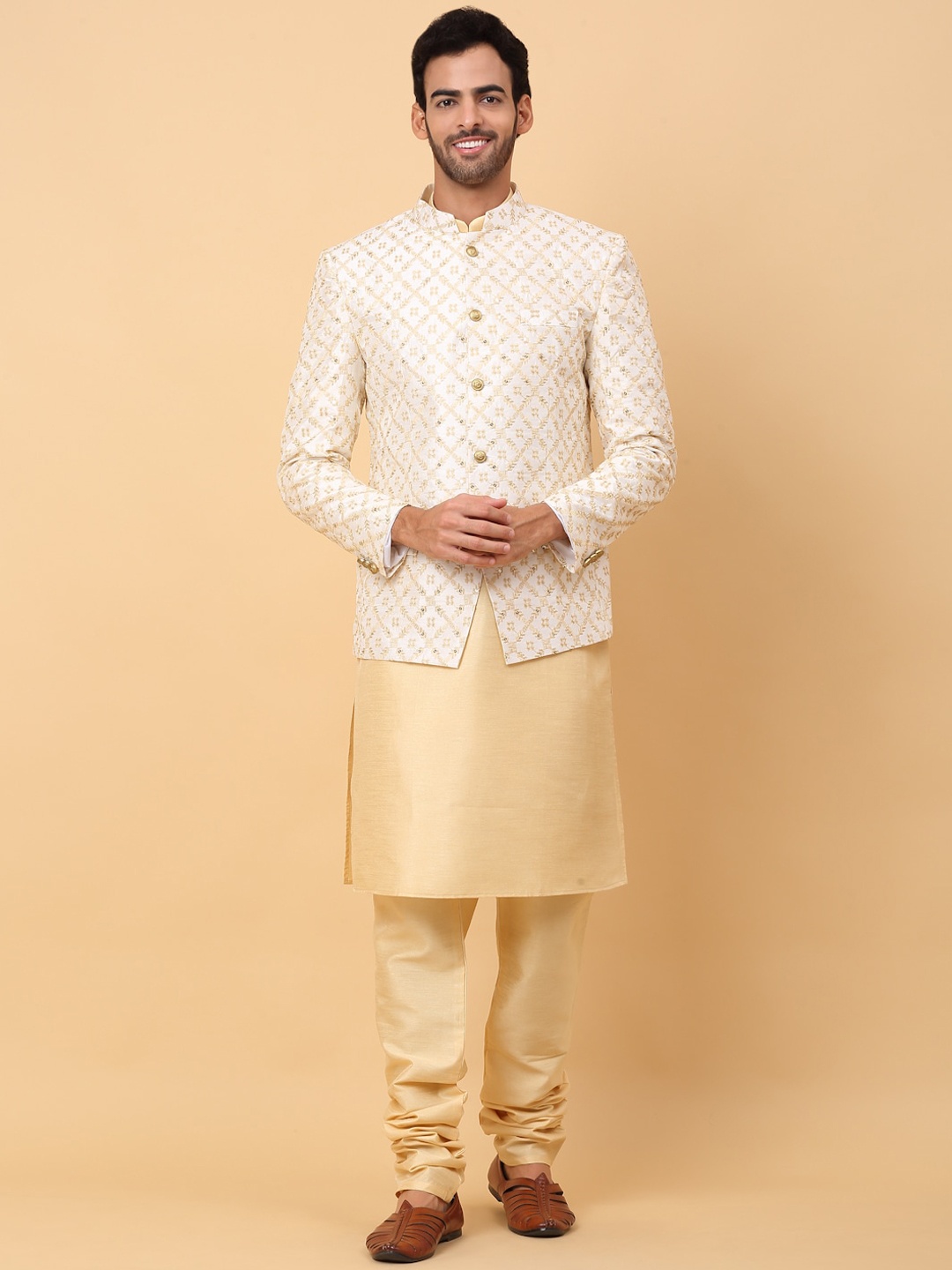 

KRAFT INDIA Mandarin Collar Kurta With Churidar & Jacket, Beige