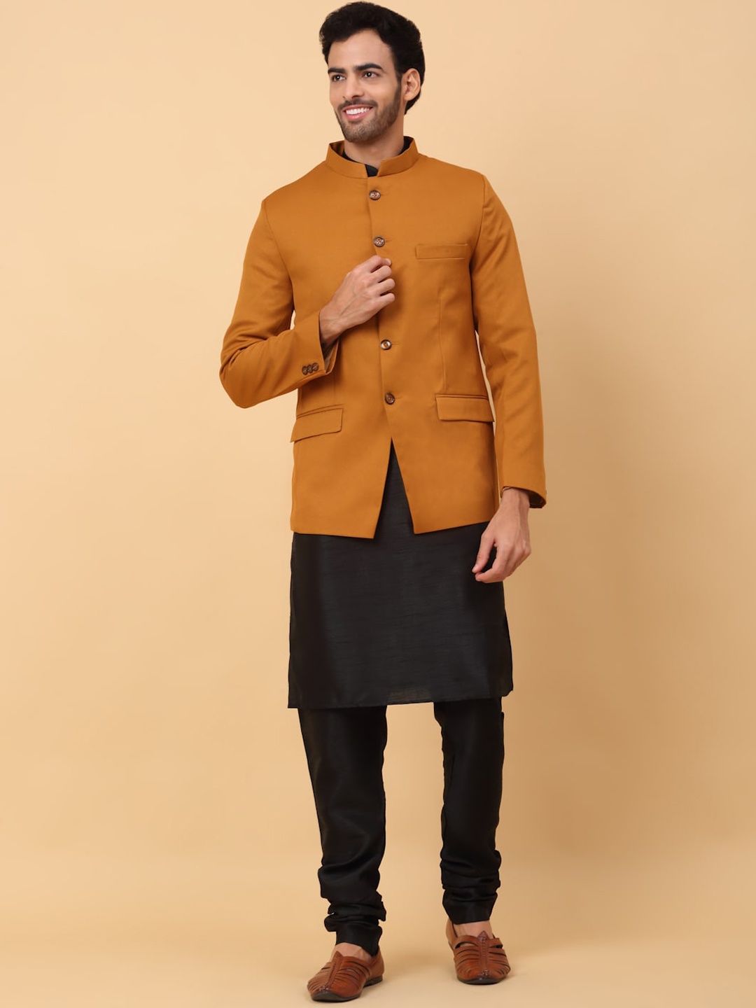 

KRAFT INDIA Mandarin Collar Kurta With Churidar & Jacket, Black