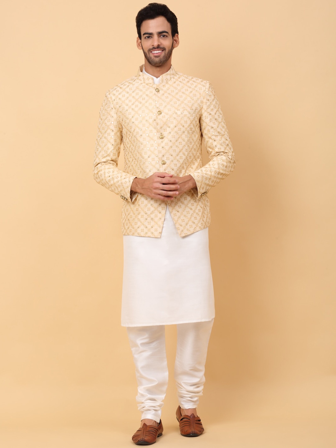 

KRAFT INDIA Mandarin Collar Kurta With Churidar & Jacket, Cream