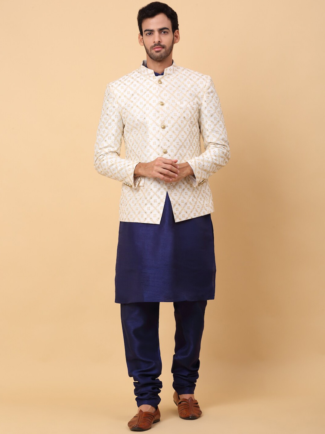 

KRAFT INDIA Mandarin Collar Kurta With Churidar & Zari Waistcoat, Navy blue