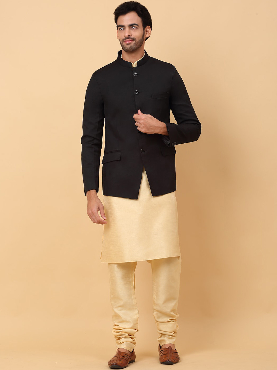 

KRAFT INDIA Mandarin Collar Kurta with Churidar & Jacket, Beige