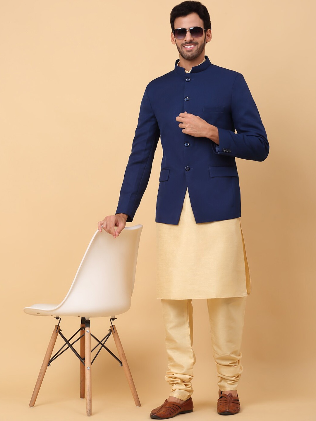 

KRAFT INDIA Mandarin Collar Kurta with Churidar & Waistcoat, Beige